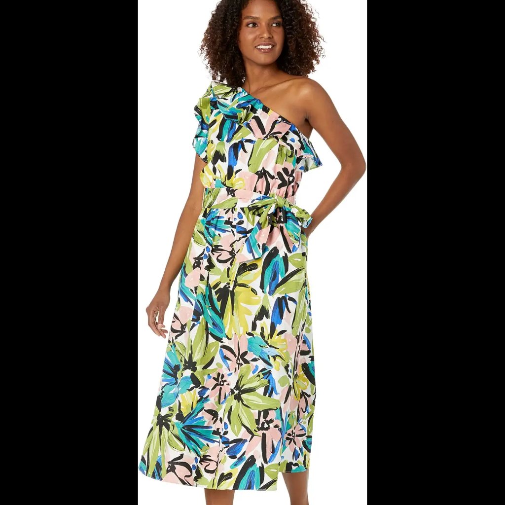 New Donna Morgan One Shoulder Floral Poplin Midi Dress With Ruffle- Size 16w